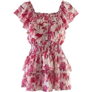 Bibi Pink Floral Tiered Ruffle Mini Dress Smocked Waist Flutter Sleeve Small NWT